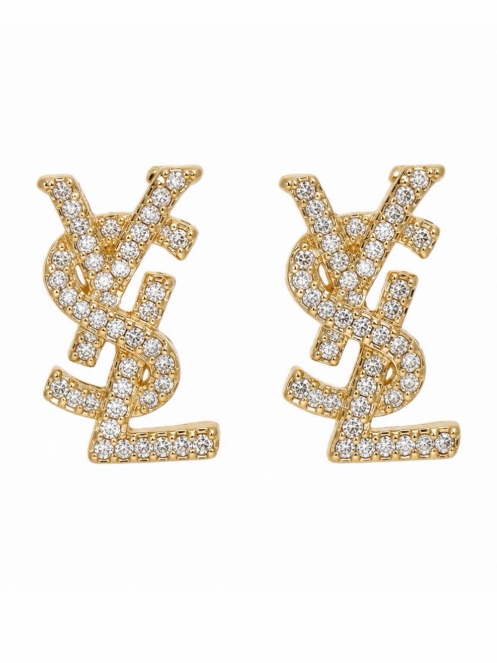 Yves Saint Laurent Gold-tone Crystal YSL Logo Stud Earrings